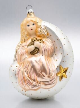 Rare Large Vintage Inge German Glass Angel on Crescent Moon Christmas Ornament